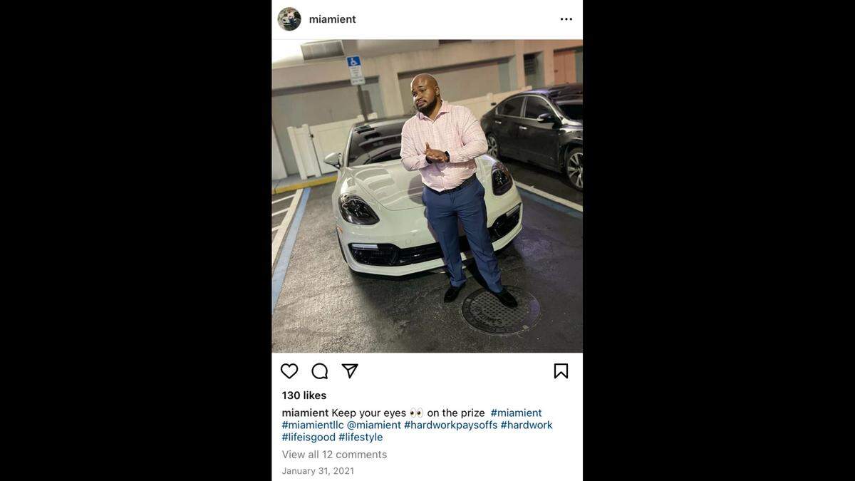 Las autoridades federales del sur de la Florida dijeron que Andre Lorquet, fotografiado aquí en su página de Instagram, recibió fraudulentamente $4.4 millones de los fondos de ayuda de COVID-19. Fue acusado de cuatro cargos de fraude electrónico, cuatro cargos de lavado de dinero y un cargo de robo de identidad con agravantes.