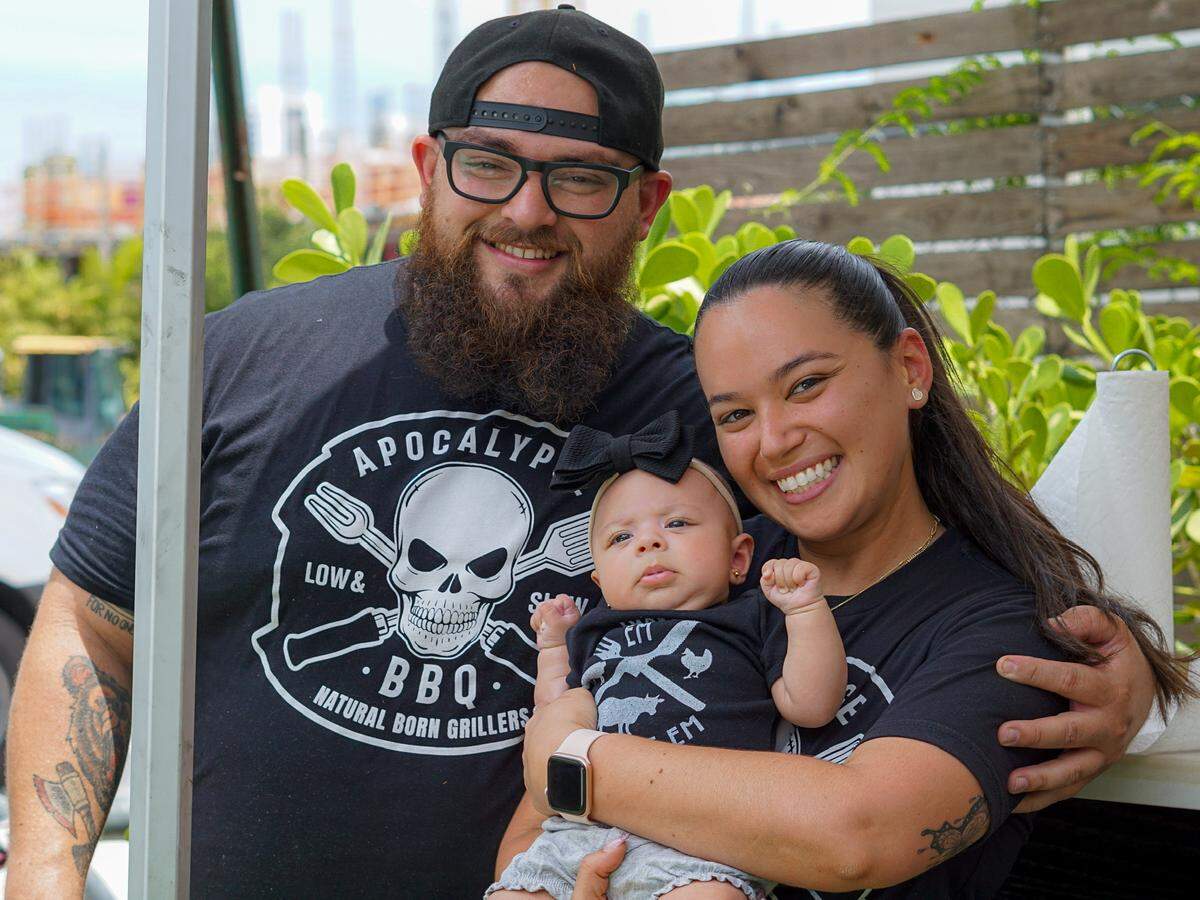 Jeff Budnechky, here with his longtime girlfriend, Laura Alvarez, and his niece Olivia Ortiz, created Apocalypse Barbecue during the pandemic.