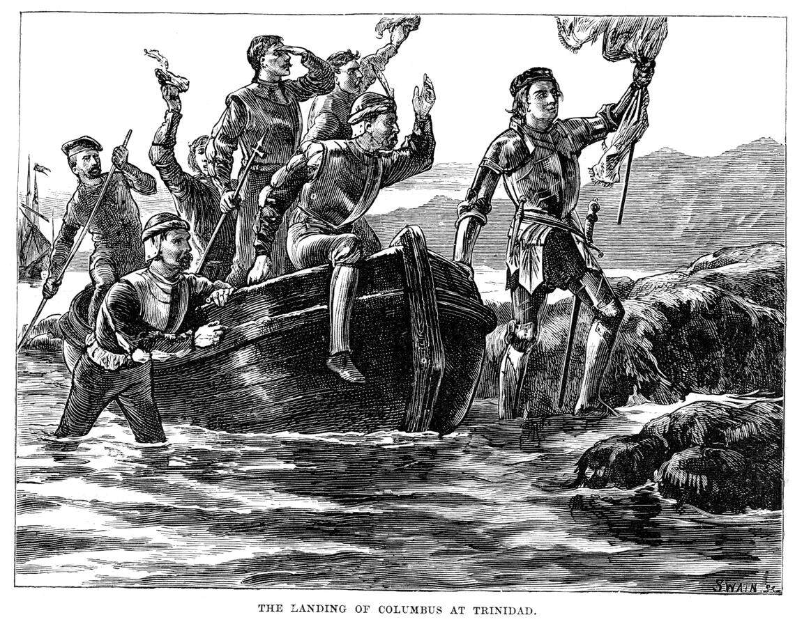 A vintage engraving from 1878 shows Christopher Columbus landing at Trinidad.