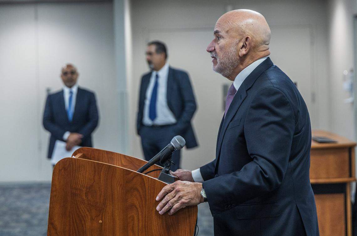 Jackson Health System’s CEO Carlos Migoya speaks during a press conference where he announced he is stepping down after more than a decade of leading one of the largest public health systems in the nation, on Thursday, Jan. 29, 2026.
