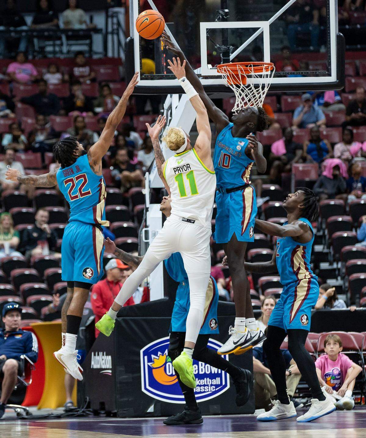 Florida State forward Taylor Bol Bowen (10) blocks South Florida forward Kasean Pryor (11) during the first half of a game at Amerant Bank Arena on Saturday, Dec. 9, 2023, in Sunrise, Fla.