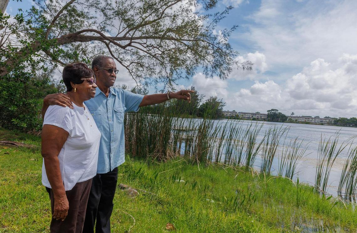 Jannie and Richard “Click” Johnson are among a group of neighbors in the Little River Farms neighborhood that are fighting a proposed apartment project that would on a new island created by filling a portion of Silver Blue Lake, a former rock pit. They were photographed on Tuesday August 29, 2023.