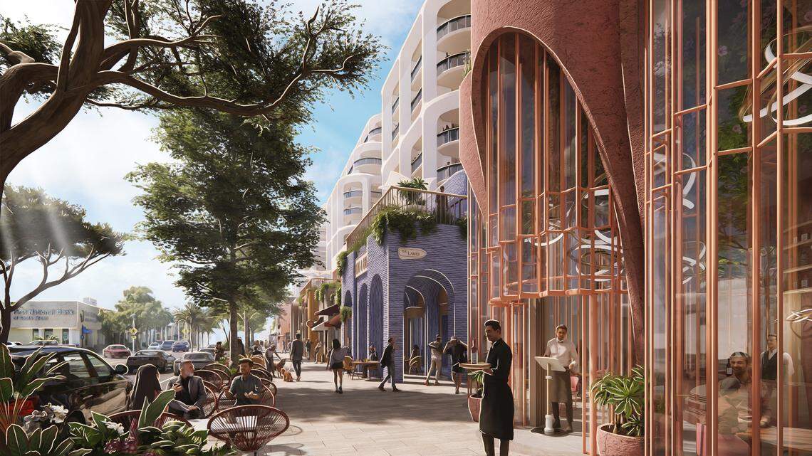 An artistic rendering of the proposed Sunset Place project from the Sunset Drive view.