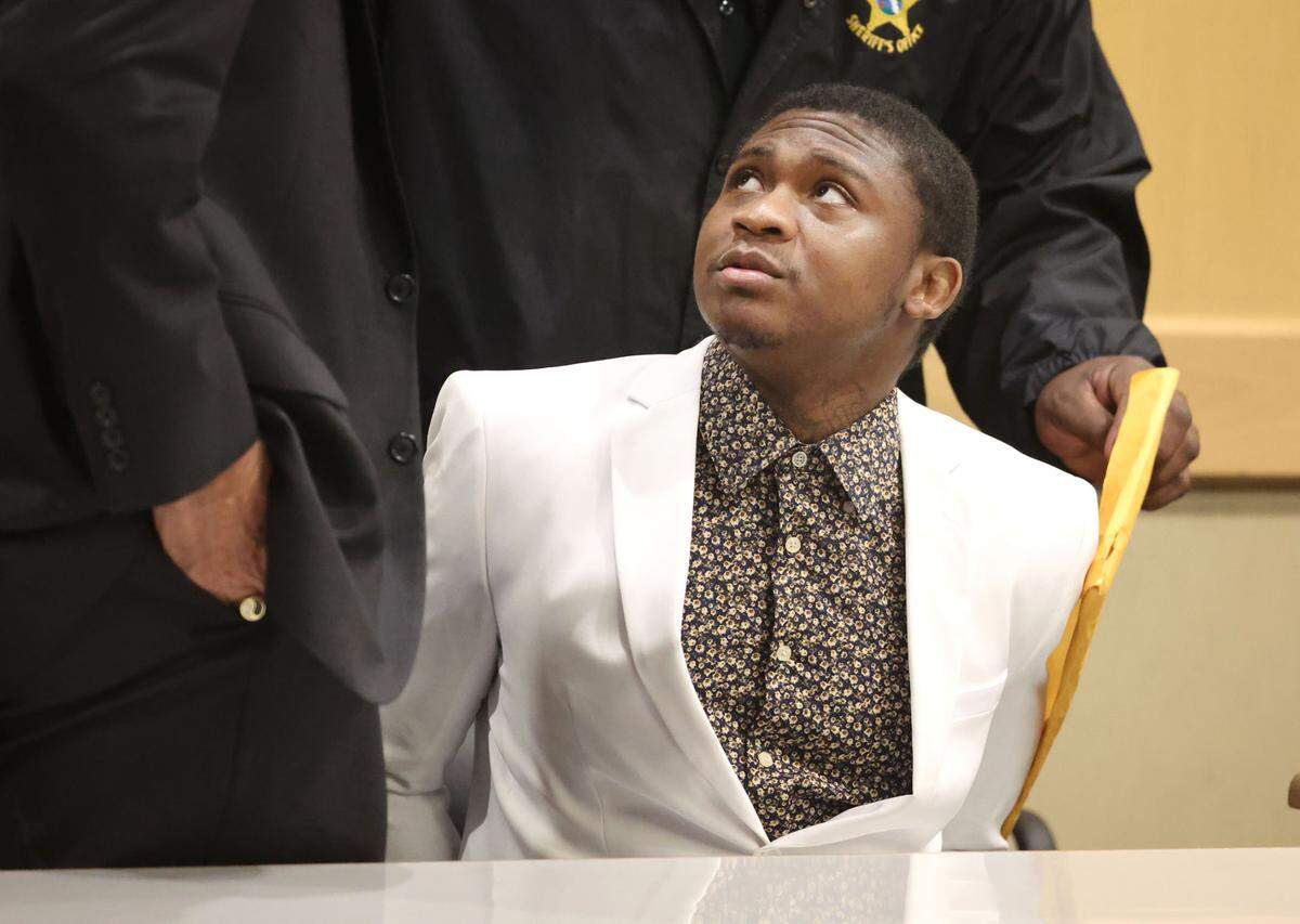Trayvon Newsome is handcuffed after he was found guilty of first-degree murder of emerging rapper XXXTentacion at the Broward County Courthouse in Fort Lauderdale on Monday, March 20, 2023.