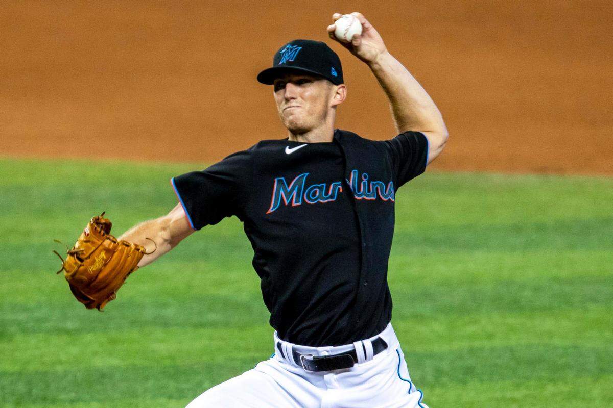 Miami Marlins right-handed pitcher Brandon Leibrandt (42) throws a pitch during the eighth inning of a Major League Baseball game against the Tampa Bay Rays at Marlins Park in Miami, Florida on Sunday, August 30, 2020.