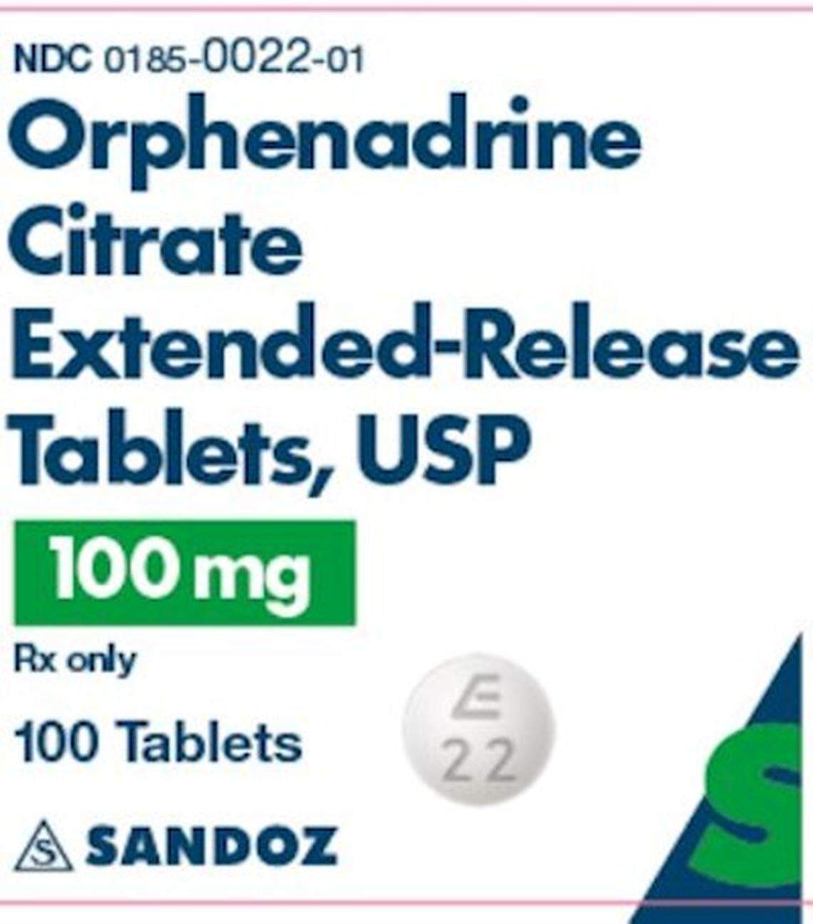 The label for 100-count bottles of recalled Orphenadrine Citrate Extended Release tablets