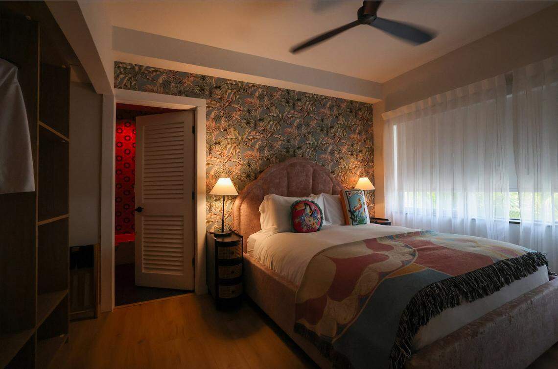 Pictured is the bedroom in Oceanfront Corner Suite at Casa Cañita, a new boutique hotel on historic Ocean Drive in Miami Beach, set to open under the direction of designer Nicolette Bernstein, her sister, chef Michelle Bernstein, and partners. The hotel was toured ahead of its grand opening on Tuesday, April 21, 2026.