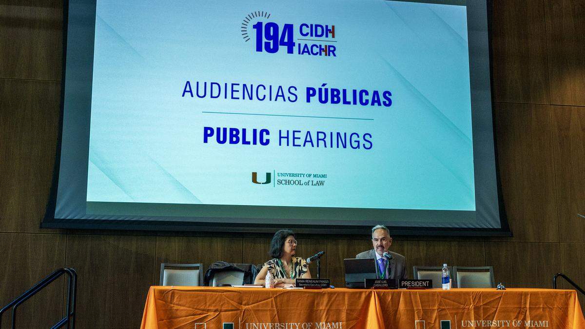 Tania Reneaum Panszi, Executive Secretary, and José Luis Caballero, President of the Inter-American Commission on Human Rights, speak during the Human Rights in the Americas Symposium event celebrated at the University of Miami, on Tuesday, November 18, 2025.