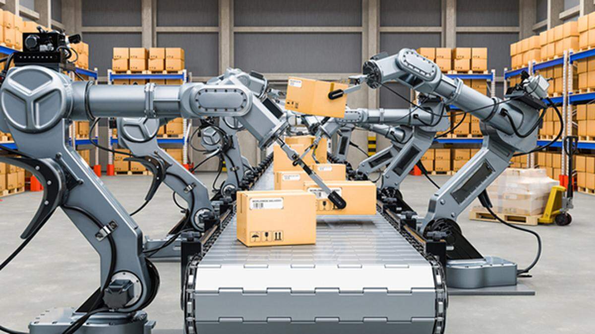 A 3D rendering of an automatic warehouse with robotic arms handling packages.