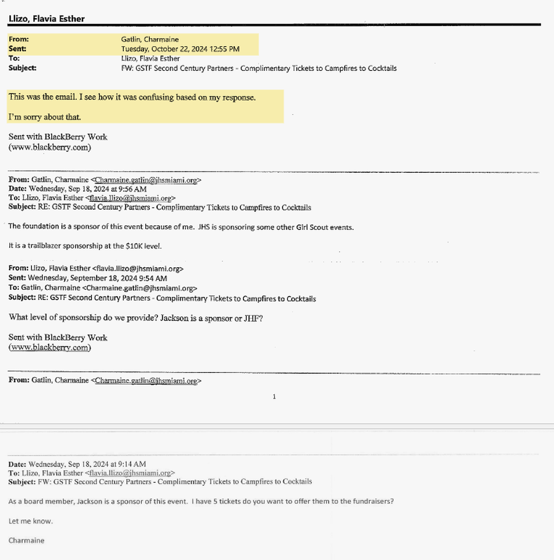 Charmaine Gatlin on Oct. 22 forwards part of her email chain with Flavia Llizo.
