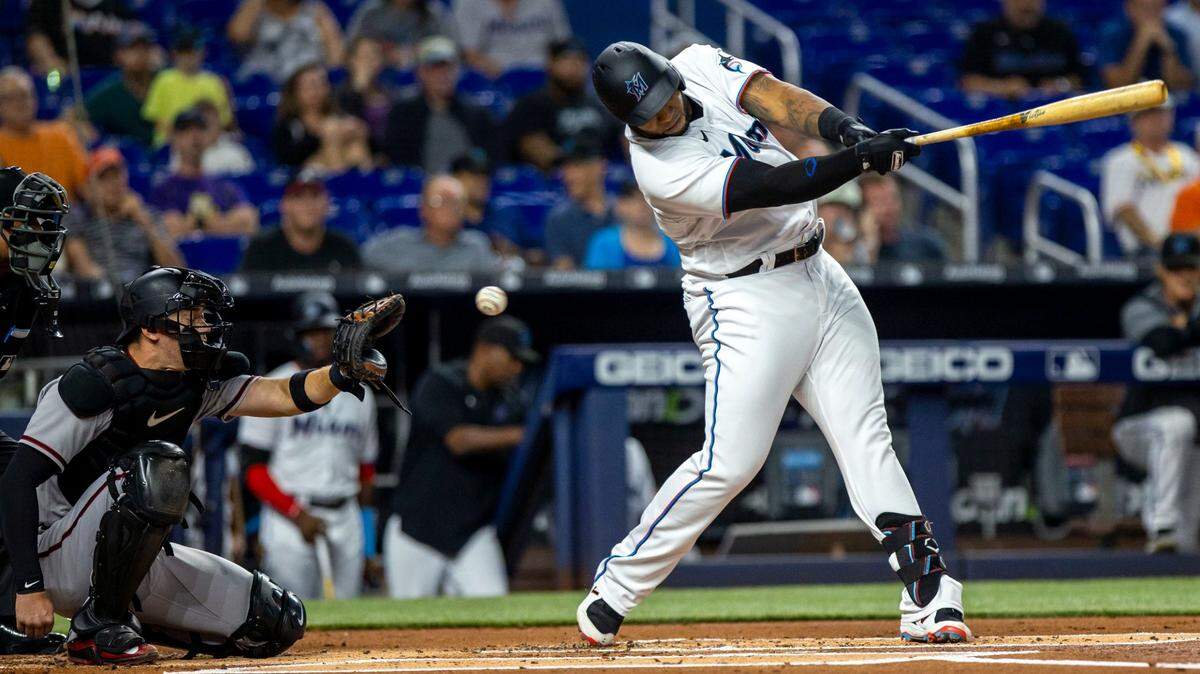 Miami Marlins batter Jesus Aguilar (99) strikes out swinging during the first inning of an MLB game against the Arizona Diamondbacks at loanDepot park in the Little Havana neighborhood of Miami, Florida, on Tuesday, May 3, 2022.