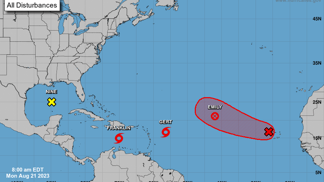 Five Atlantic systems include tropical storms Emily, Franklin, Gert. And soon, Harold