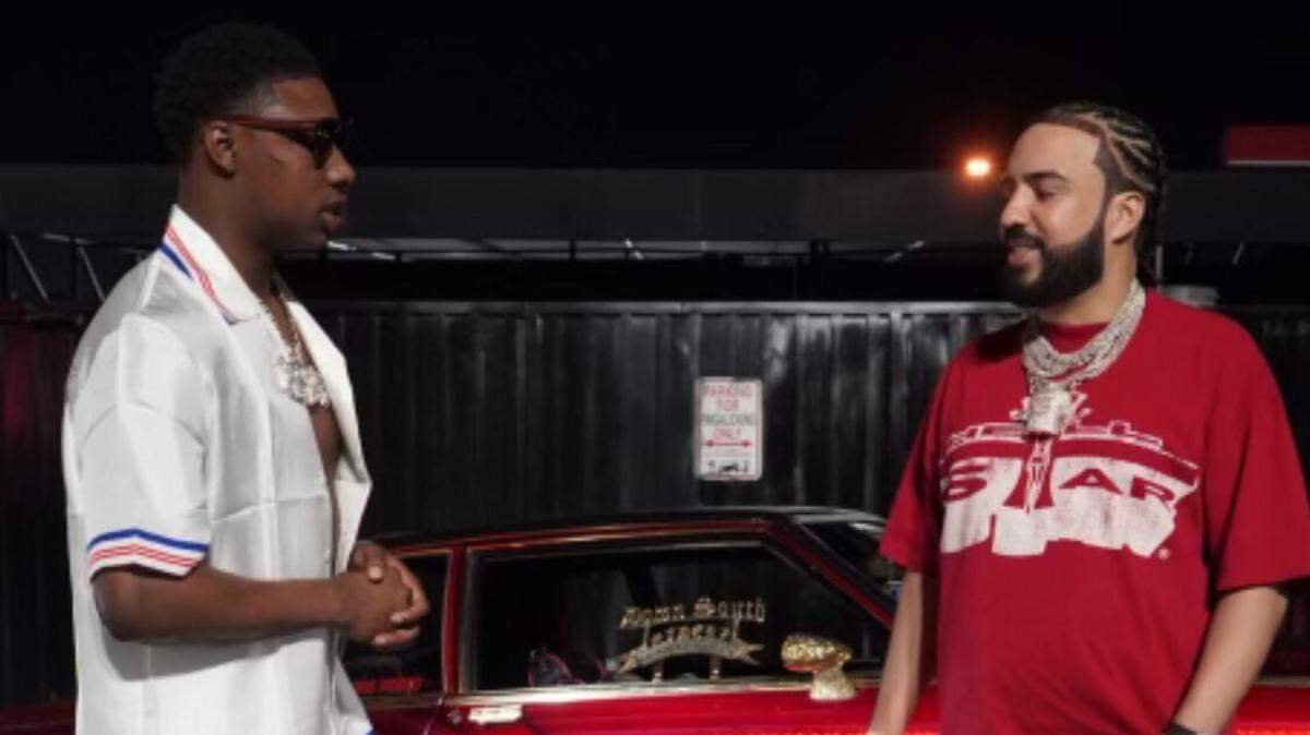 Rappers French Montana and Rob49 during a video shoot in Miami Gardens in January.