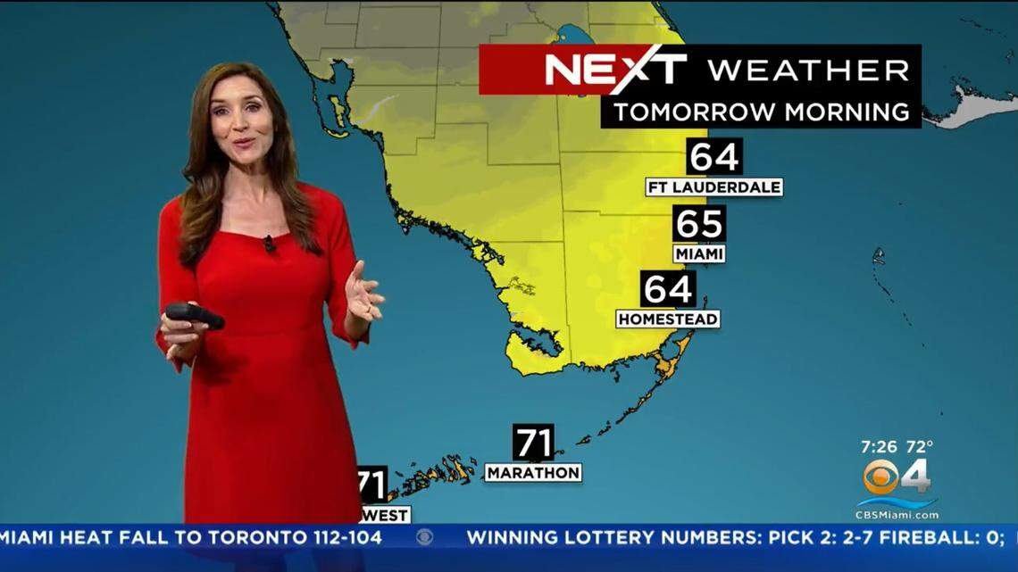 CBS Miami’s Lissette Gonzalez delivers the “cool front” news with the expected Friday morning lows in South Florida forecast for Nov. 18, 2022, in this screen grab from her video.