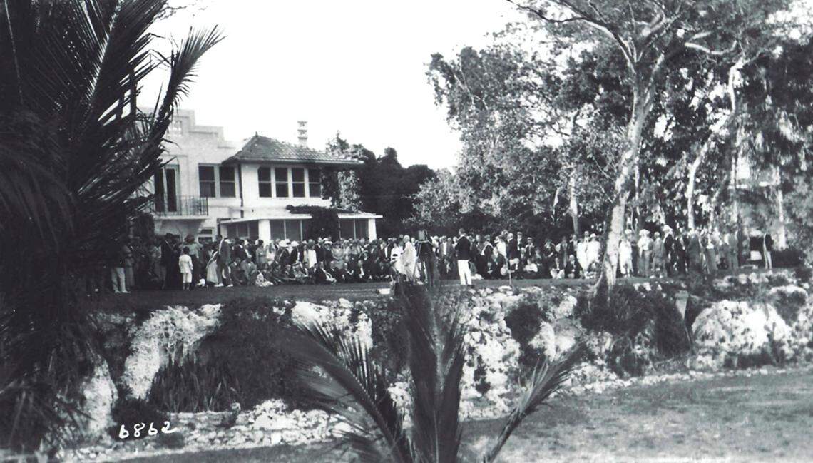 In this undated photo, a crowd gathers behind William Jennings Bryan’s Villa Serena on a bluff overlooking Biscayne Bay in Miami. Bryan, a renown orator and three-time presidential candidate, hosted large gatherings and spoke to visitors in his backyard.
