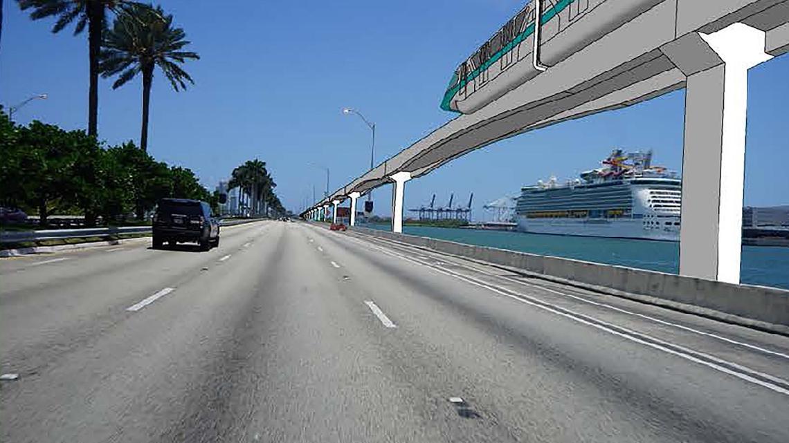 A rendering of how a monorail system could operate on elevated tracks on the MacArthur Causeway between Miami and Miami Beach.