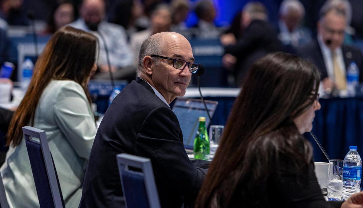 FIU Interim President Kenneth Jessell listens as someone speaks during an FIU Board of Trustees meeting held at the FIU Modesto A. Maidique Campus on Thursday, March 3, 2022.