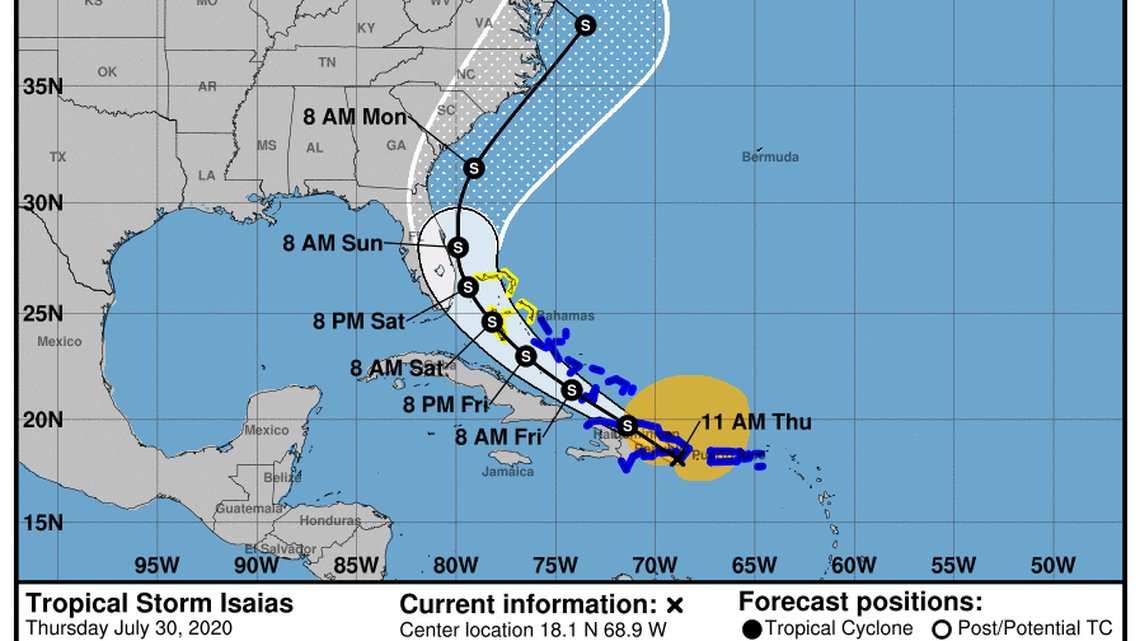 Tropical Storm Isaias crossing Dominican Republic with South Florida still in cone