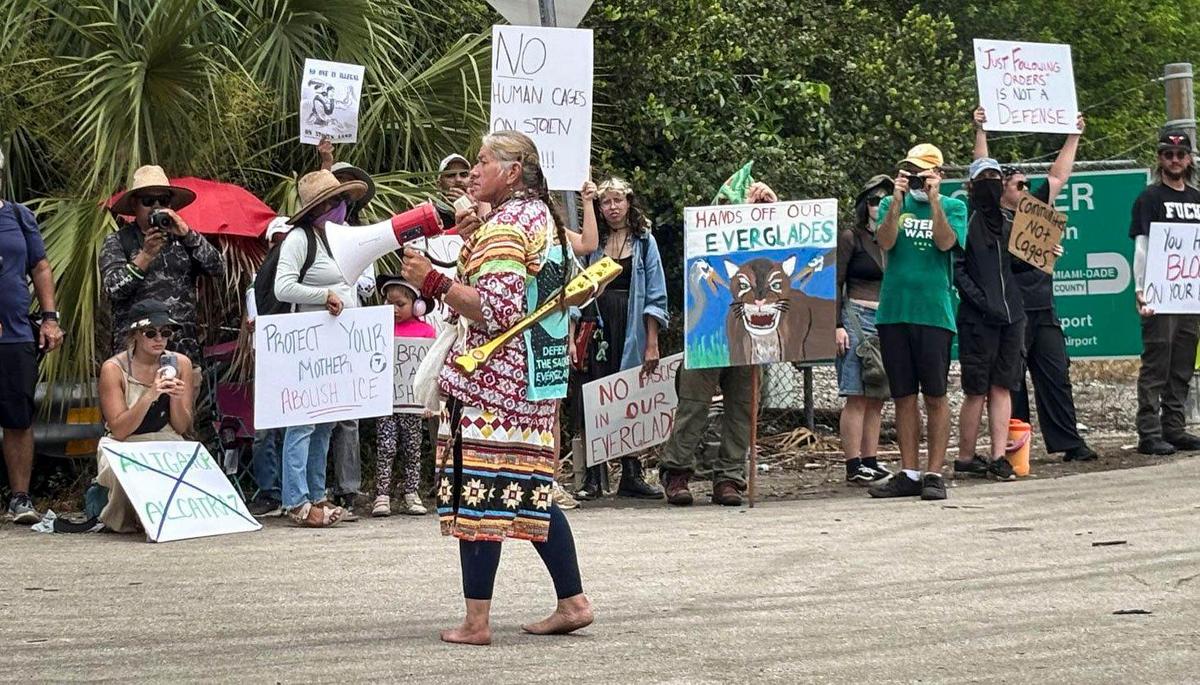 Ochopee, Florida, June 28, 2025 - With a bullhorn in hand, Miccosukee tribal activist Betty Osceola leads protesters during a rally near the entrance to the Dade Collier Training and Transition Airport popularly known as ‘Alligator Alcatraz’.