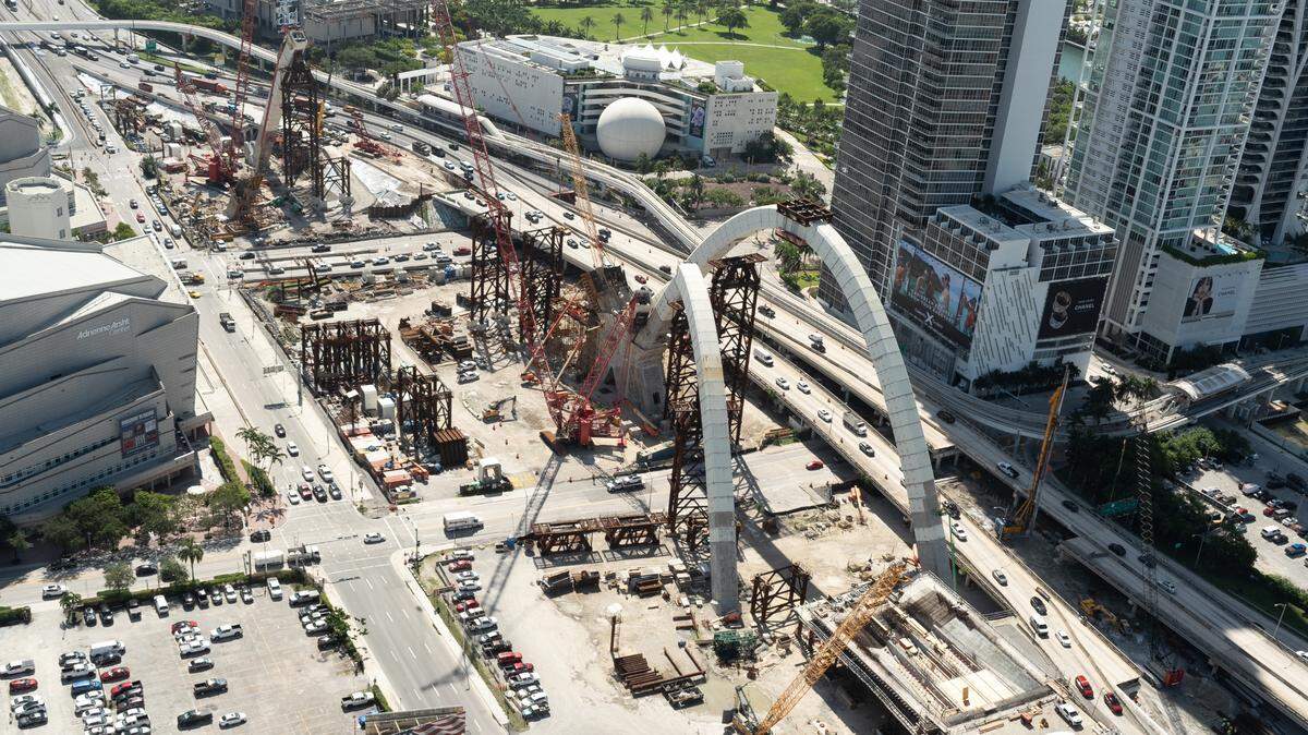 Construction over Interstate 395 in Miami-Dade County progresses with arches over the road. 