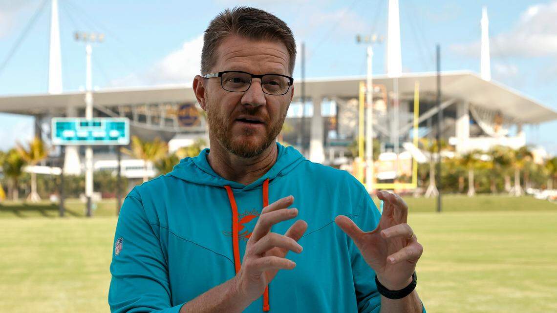 Miami Dolphins quarterbacks coach and passing game coordinator Darrell Bevell talks with the reporters during media availability at Baptist Health Training Complex in Hard Rock Stadium on Wednesday, February 23, 2022 in Miami Gardens, Florida.