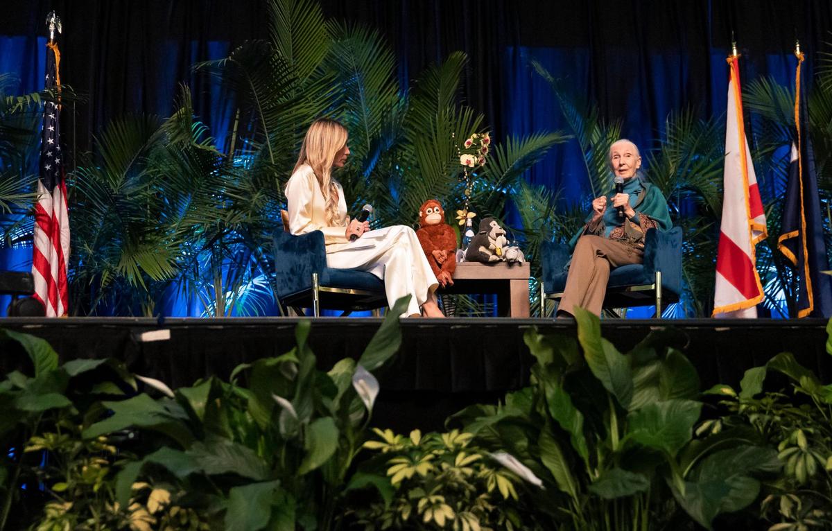Dr. Mireya Mayor, the director of exploration and science communication in FIU’s College of Arts, Sciences and Education, speaks with Dr. Jane Goodall during ‘An Evening With Jane Goodall: Inspiring Hope Through Action’ at Florida International University’s Ocean Bank Convocation Center on Friday, March 31, 2023, in Miami, Fla.