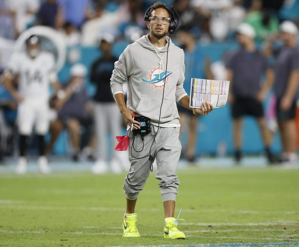 Miami Dolphins head coach Mike Mc Daniel on the field during a timeout of an NFL football game against the Jacksonville Jaguars at Hard Rock Stadium in Miami Gardens, Florida, on Saturday, August 23, 2025.