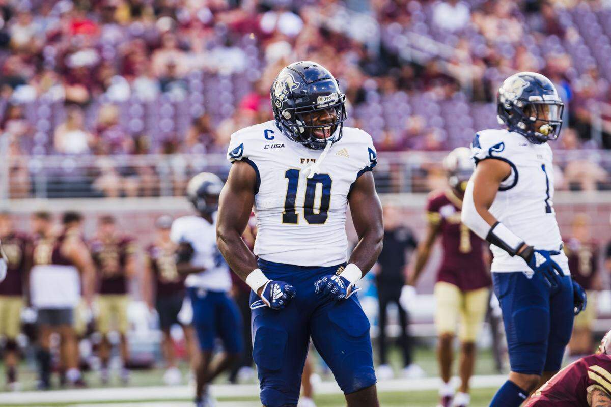 FIU linebacker Donovan Manuel fires himself up during the Panthers’ recent game at Texas State last Saturday. Manuel was forced to leave the game following an accidental collision with a teammate.
