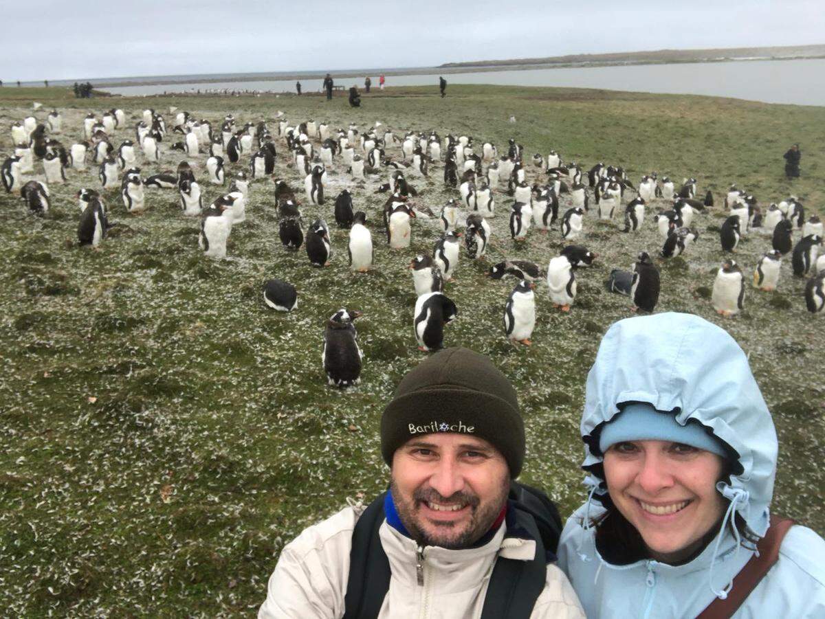 Juan Huergo and his wife, Laura Gabaroni Huergo, visit the penguins on the Falkland Islands (Islas Malvinas) before their cruise ship, the Holland America Zaandam, had to reroute because of port closures in Argentina and Chile due to the coronavirus outbreak.