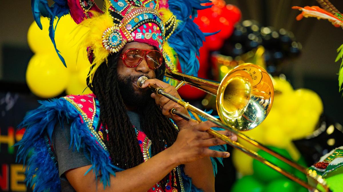 A member of a Bahamian Junkanoo band performs at the Overtown Optimist Club’s third annual Juneteenth event at Theodore Gibson Park gym on Wednesday, June 19, 2024 in Miami, Fla.