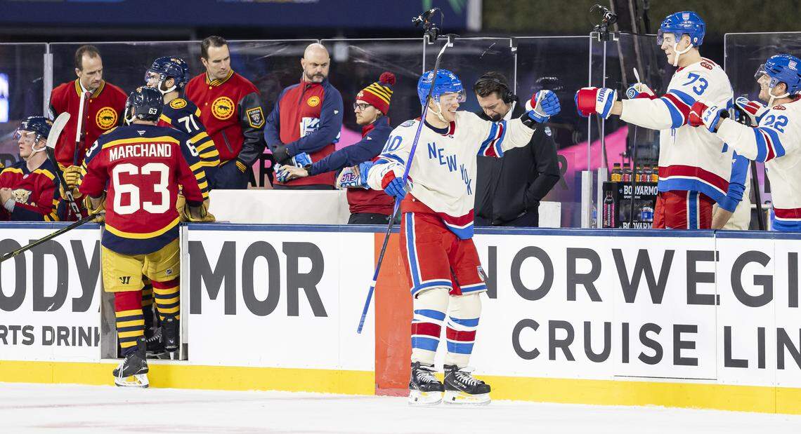 New York Rangers left wing Artemi Panarin (10) celebrates after scoring against the Florida Panthers in the first period of their Winter Classic outdoor hockey game at loanDepot park on Friday, Jan. 2, 2026, in Miami, Fla.