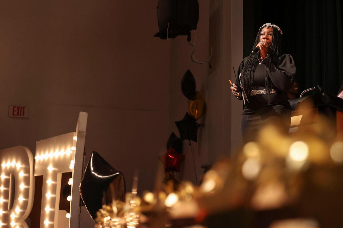 Lena McArthur, vice principal at Booker T. Washington Senior High School in Overtown, speaks during the Student Awards Ceremony Tuesday, May 24, 2022 at the school.