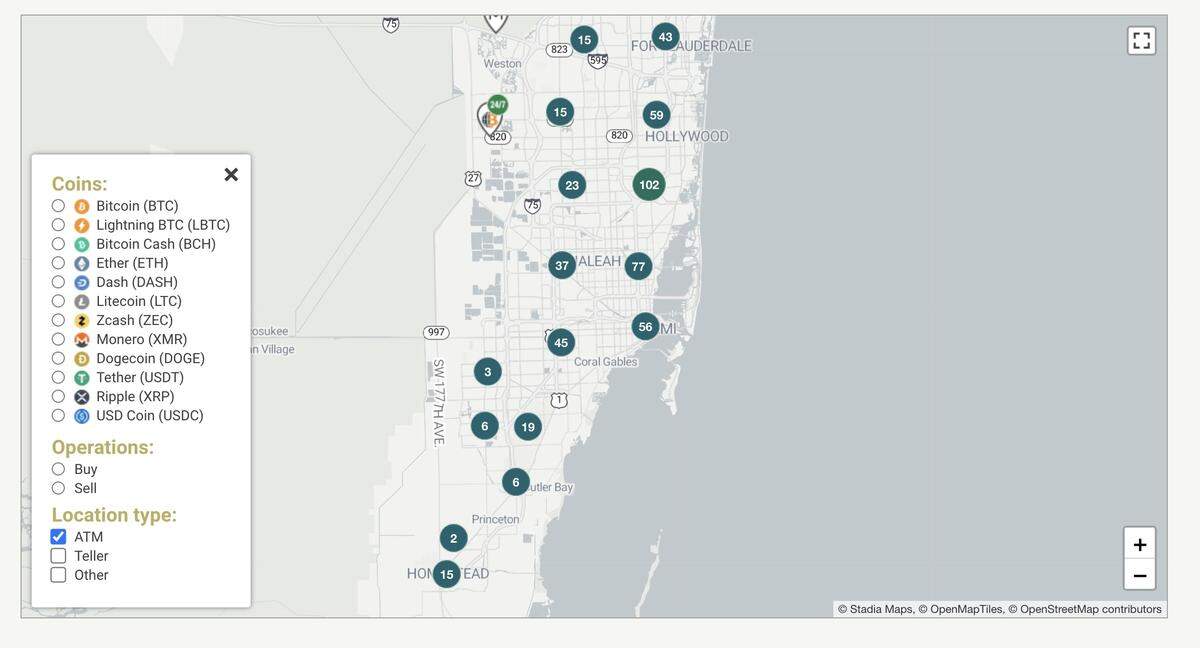 Number and locations of cryptocurrency ATMs in South Florida. Credit: Edin Pašović/OCCRP