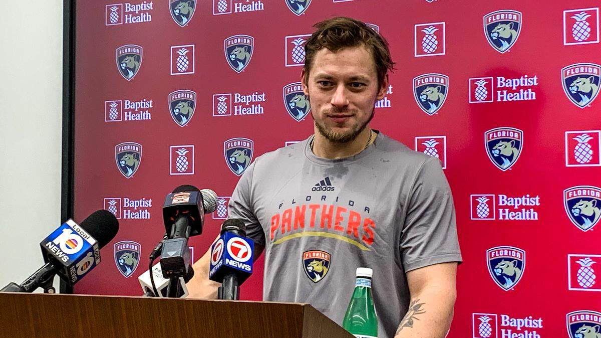 Florida Panthers forward Vladimir Tarasenko speaks to the media after the team’s morning skate on Thursday, March 7, 2023, at the Baptist Health IcePlex in Fort Lauderdale, Florida.