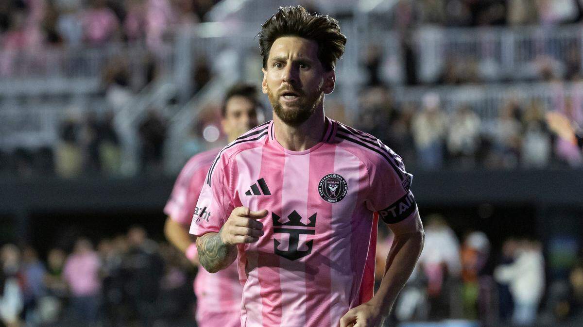 Inter Miami forward Lionel Messi (10) runs toward midfielder Telasco Segovia (8) after he scored a goal against New York City FC goalkeeper Matt Freese (49) in the second half of their MLS match at Chase Stadium on Saturday, Feb. 22, 2025, in Fort Lauderdale, Fla.