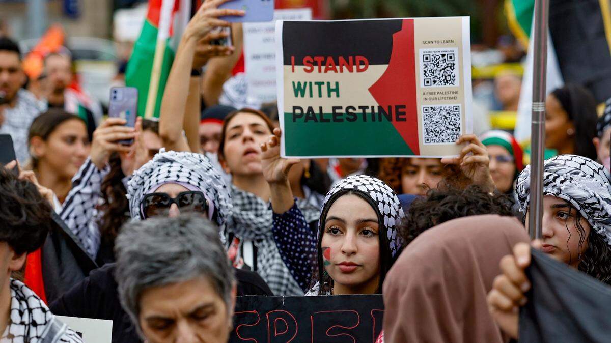 Protesters rally in support of Palestinians in Gaza during the conflict between Israel and Hamas at Bayfront Park in Miami on Oct. 13.