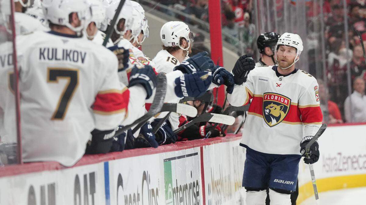 May 20, 2025; Raleigh, North Carolina, USA; Florida Panthers forward Sam Bennett (9) celebrates scoring during the third period against the Carolina Hurricanes in game one of the Eastern Conference Final of the 2025 Stanley Cup Playoffs at Lenovo Center.