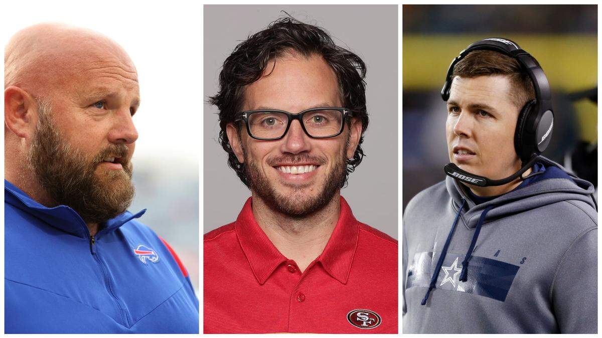 From left: Buffalo Bills offensive coordinator Brian Daboll, San Francisco 49ers offensive coordinator Mike McDaniel and Dallas Cowboys offensive coordinator Kellen Moore
