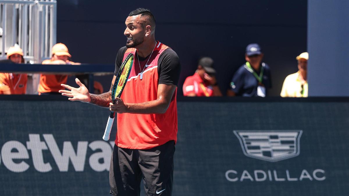 Nick Kyrgios (Aus) talks out loud to himself during his match against Jannik Sinner (ITA) where he lost 7-6 (7-3), 6-3 and Sinner advanced after competing in the Men’s 4th Round of the Miami Open on Tuesday, March 29, 2022 inside the Grandstand at the Hard Rock Stadium.