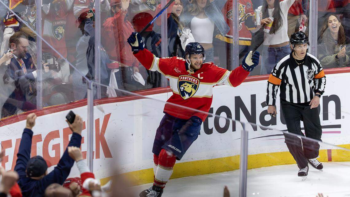 Florida Panthers center Aleksander Barkov (16) celebrates after scoring during the third period of Game 3 in the Eastern Conference Final of the Stanley Cup Playoffs against the Carolina Hurricanes at Amerant Bank Arena on Saturday, May 24, 2025, in Sunrise, Fla.