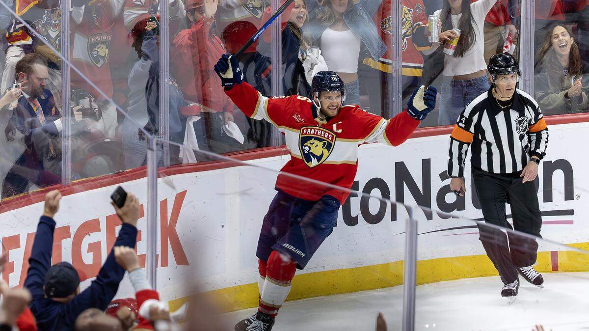 Florida Panthers center Aleksander Barkov (16) celebrates after scoring during the third period of Game 3 in the Eastern Conference Final of the Stanley Cup Playoffs against the Carolina Hurricanes at Amerant Bank Arena on Saturday, May 24, 2025, in Sunrise, Fla.