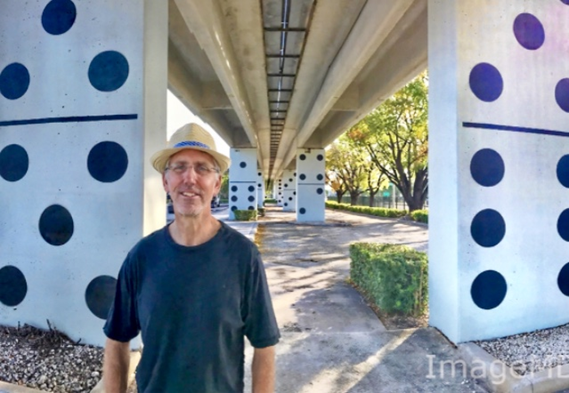Artist Bo Droga created the public art project “Miami Dominoes” to enliven the concrete pylons below the Metrorail tracks near University Station.