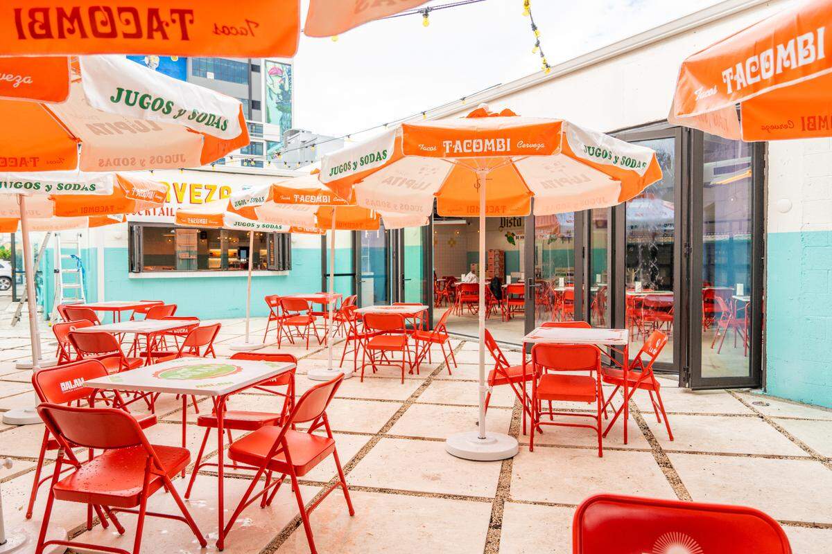 The outdoor seating at the new Tacombi taqueria in Wynwood.
