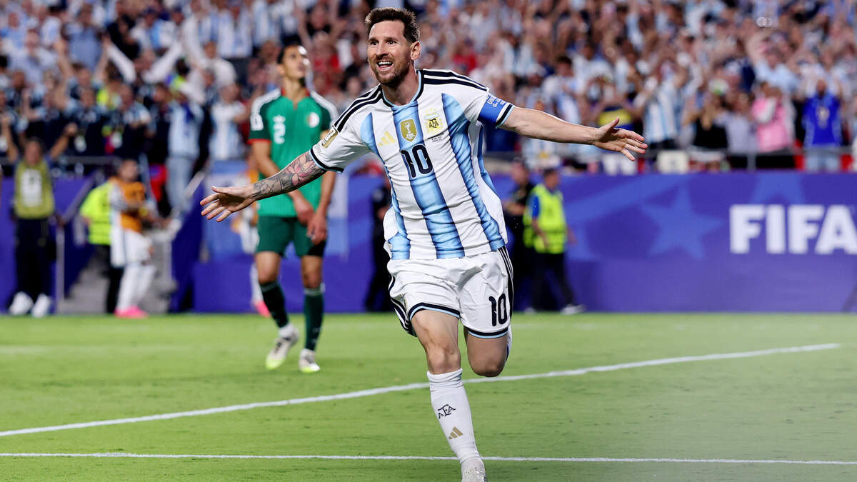 KANSAS CITY, MISSOURI - JUNE 16: Lionel Messi #10 of Argentina celebrates scoring his team's second goal during the FIFA World Cup 2026 Group J match between Argentina and Algeria at Kansas City Stadium on June 16, 2026 in Kansas City, Missouri. (Photo by Michael Steele/Getty Images)