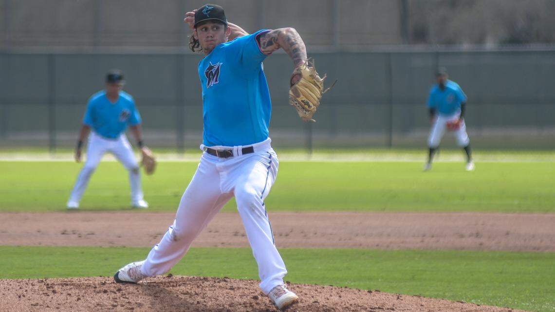 Miami Marlins pitcher Zach McCambley throws during a simulated game on the back fields on Friday, Feb. 12, 2022, at the Roger Dean Chevrolet Stadium complex in Jupiter, Florida.