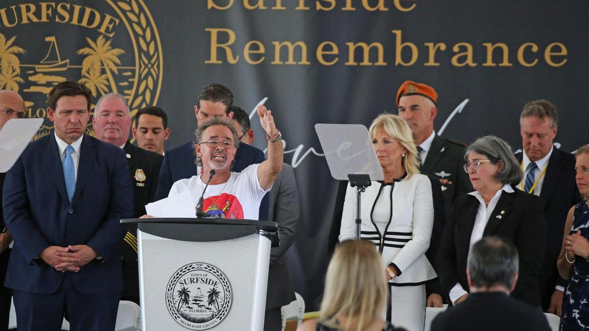 Luis Bermudez speaks about his son Luis who died during the collapse of Champlain Towers South in Surfside, Florida. A public memorial event was held on Friday, June 24, 2022, to mark the one-year anniversary.