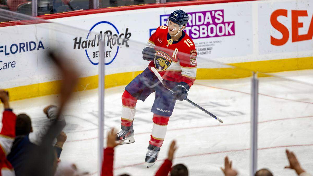 Florida Panthers left wing Matthew Tkachuk (19) reacts after scoring a goal during the first period of an NHL game against the Nashville Predators at the Amerant Bank Arena on Thursday, Nov. 7, 2024, in Sunrise, Fla.