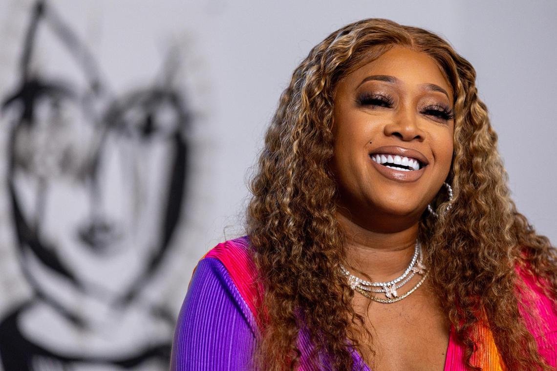 American rapper Trina strikes a pose during a sit-down interview at Iris Collective studio in the Little Haiti neighborhood in Miami, Florida, on Wednesday, August 9, 2023.