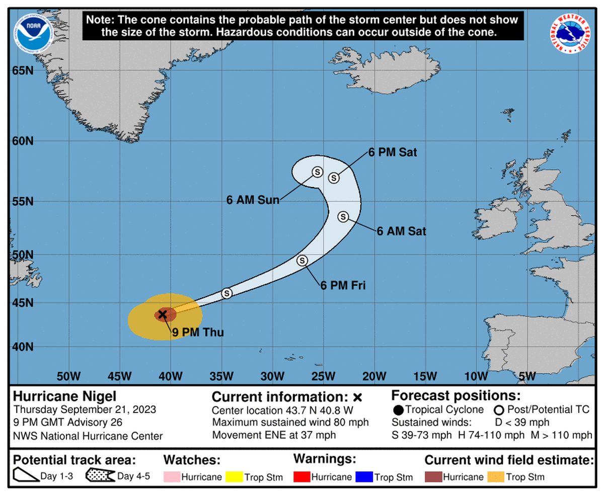 Hurricane Nigel’s projected path as of 5 p.m., Thursday, Sept. 21.