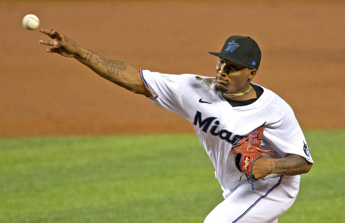 Miami Marlins pitcher Sixto Sanchez (73) pitches against the Toronto Blue Jays during the third inning of a baseball game at Marlins Park in Miami on Wednesday, September 2, 2020.